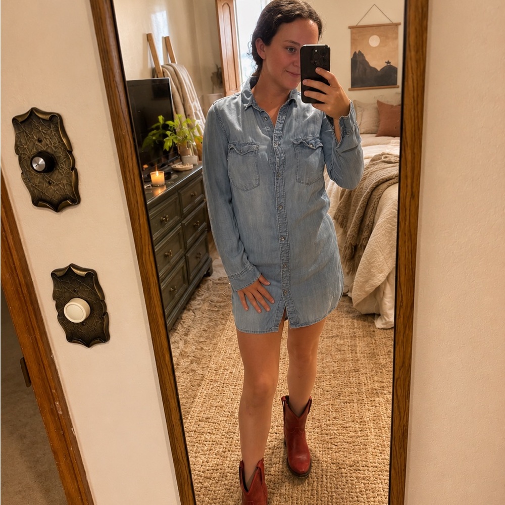 Light Blue Denim Shirt Dress - Button-Front Mini
